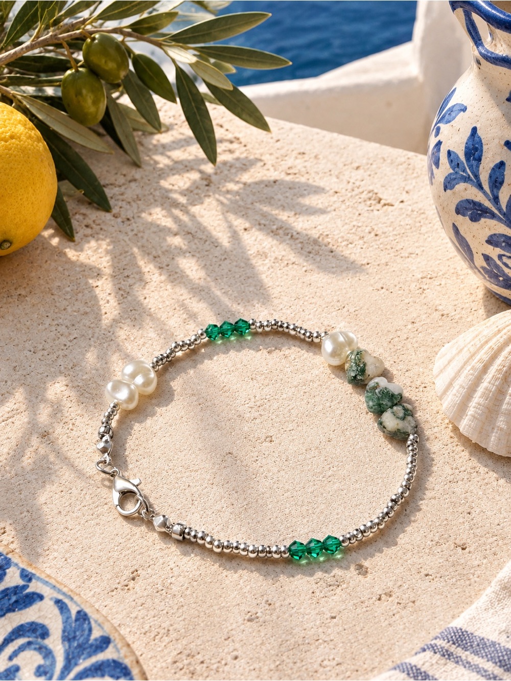 Silver Pearl & Tree Agate Gemstone Beaded Bracelet